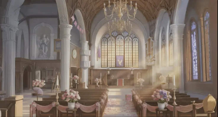 visual novel background, fantasy church interior, lots of lowers, sunlight, peaceful, extremely detailed