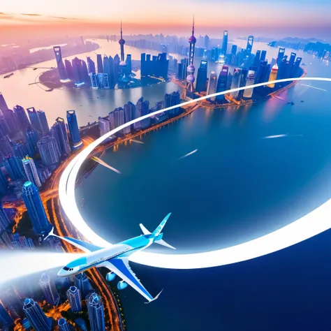 On a blue background,An airplane leaves an artistic trail of white lines in the sky。The curved light and shadow ejected from the tail,The bifurcation extends to the upper left and lower left,It's like a crack in time。in the center of the curve,A magnif...