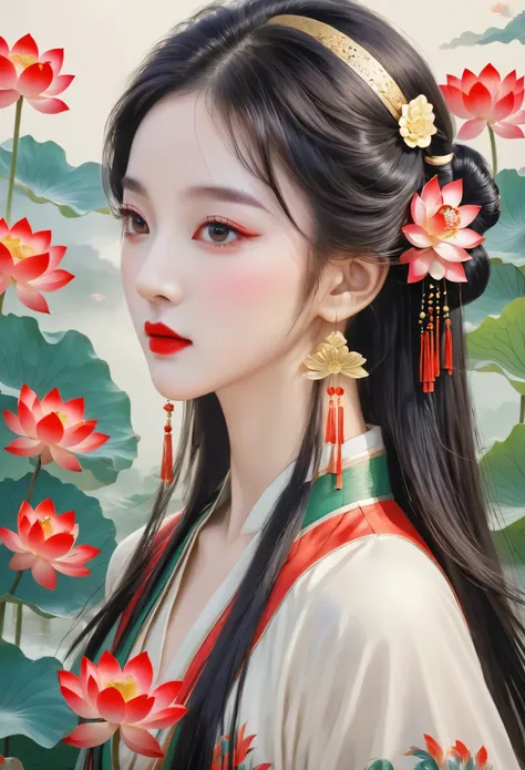 Chinese meticulous painting，Draw a beautiful girl，long black hair，exquisite makeup，red eye shadow，red lips，lotus leaf，lotus，clean background，smooth lines，