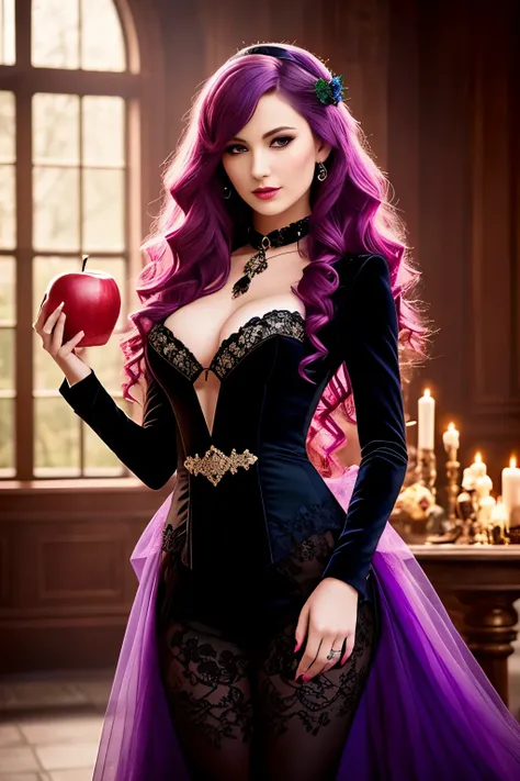 A captivating book cover teases the imagination with an alluring scene set in the realm of dark romance. The enchanting figure of a woman with cascading purple-highlighted locks, dressed as a seductive witch, holds an enticing apple in her hand. Her alluri...