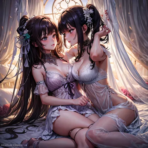 two girl making love,(bright lighting,romantic setting),dreamy background,bondage,dark hair, mesmerizing gaze, , soft skin, alluring beauty, artistic portrait, high-quality image, vibrant colors, long silk gown, in the bed, mosquito net