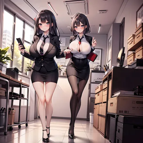 (solo 1 skinny girl standing in office:1.2), swaying back, (business suits:1.3), black blazer, (bursting gigantic huge breasts:1.2), necktie, inconceivably thin waist, too short black skirt, thigh gap, highheels, nose blush, perfect anatomy