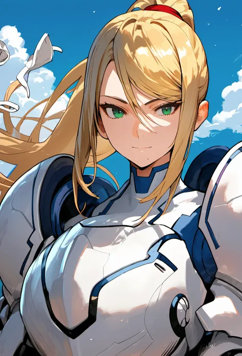 (best quality),female,samus aran,blond hair,green eyes,((white armor,removed helmet)),ultra-detailed,sharp focus,during a break,...