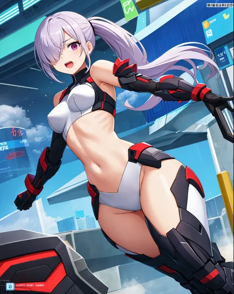 ,1girl,(teen:1.5), (short_ponytail:1.3), (light_whitish_purple_hair:1.3),black_mechanical_armor_parts,white_breasts_parts_red_black_body_suit,bare_shoulder,bare_slender_thighs,medium_breasts,city_background,Stinging_eyes,sleepy,thighhigh_greaves,gauntlets,...