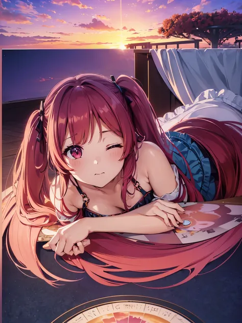 (sunset art, sunset theme:1.4), spring、light blue long hair、Beautiful girl with twin tails、dreamy fantasy art, chibi character girl、rococo art style, burgundy color, plum, where, (Optimal configuration), ultra wide angle, octane rendering, Strengthen, Comp...