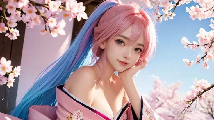 anime, one girl, colorful hair,pink hair and blue hair、 Hair is tangled, pink eyes, Kyoto, cherry blossoms、petal、moon, pink patterned kimono, off shoulder, sitting, alone,cleavage、smile、close up of face