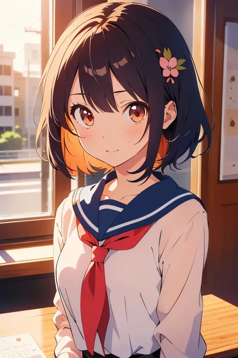 (Best Quality,masutepiece:1.2),(Anime style,Comic Core:1.1),1girl in,cute-style,Adorable,extremely detailed eye,extra detailed face,very detail hair,About Hipder,8K,resolution,High School Girl,Sailor Uniform,