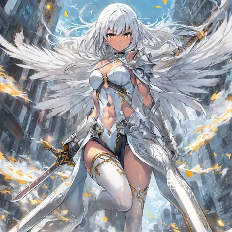 fantasy, 1angel_girl, low_teen, white_medium_bob_hair,long_bangs, (dark_skin)+, bare_shoulder, navel out, thighhighs,silver_shiny_armor, white_clothes,waist_armor, Glebe, hold_shiny_swords, medium_breasts,, dynamic_pose_fighting,Floating, (1pair_white_wing...