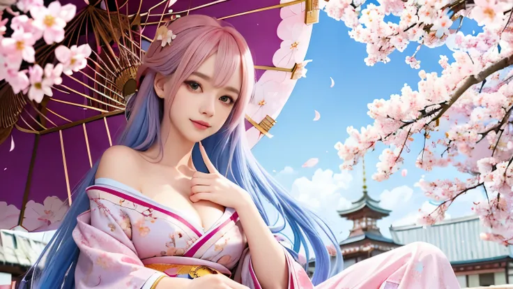 anime, one girl, colorful hair,pink hair and blue hair、 Hair is tangled, pink eyes, Kyoto, cherry blossoms、petal、moon, pink patterned kimono, off shoulder, sitting, alone,cleavage、smile、close up of face