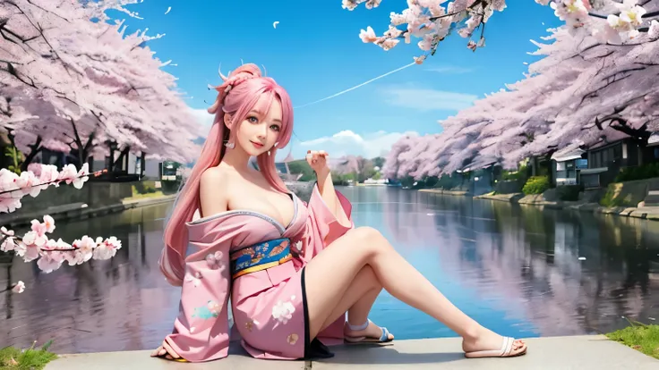 anime, one girl, colorful hair,pink hair and blue hair、 Hair is tangled, pink eyes, Kyoto, cherry blossoms、petal、moon, pink patterned kimono, off shoulder, sitting, alone,cleavage、smile、close up of face