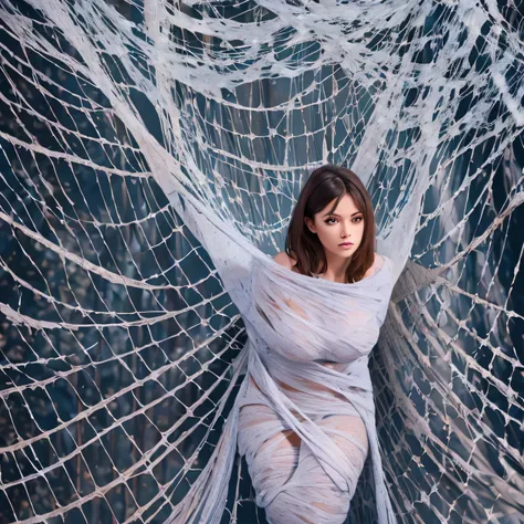 one girl tied up by another one with rope,(bright lighting,romantic setting),dreamy background,bondage,dark hair, mesmerizing gaze, , soft skin, alluring beauty, artistic portrait, high-quality image, vibrant colors, long silk gown, dressing room, (cocoon:...