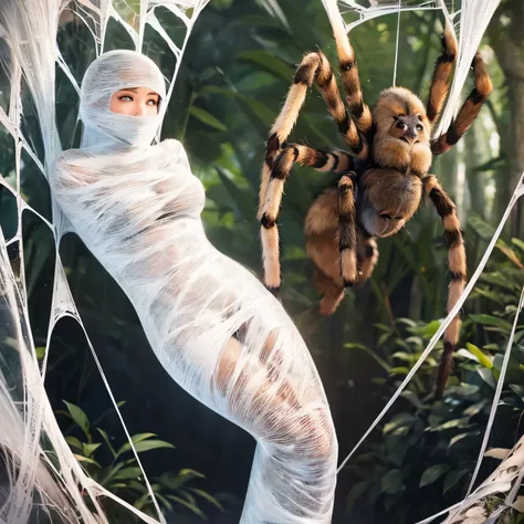 a girl entangled in the spider web, struggle, detailed classroom, (cocoon:1.3), spider web, hanging, spider in the web, spider