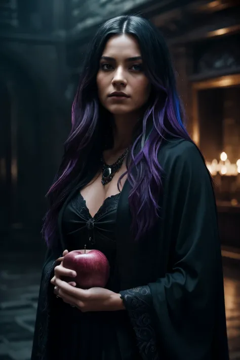 Dark romance book cover, {1woman:1.1}, native, sexy, wearing witch costume, purple highlights in long hair, holding apple, {1man:1.2}, in suit, long dark hair, tattoos, {Hyper-detailed photography}, {Moody and atmospheric lighting}, background, {Soft and s...