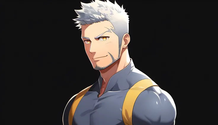 anime characters：Guy, Priapus, 1 young muscular man, male focus, High collar dark gray spandex tight T-shirt, white hair, muscular male, muscular, only, Upper body, alone, white short hair, stubble, yellow eyes, black background, simple background, amazing...