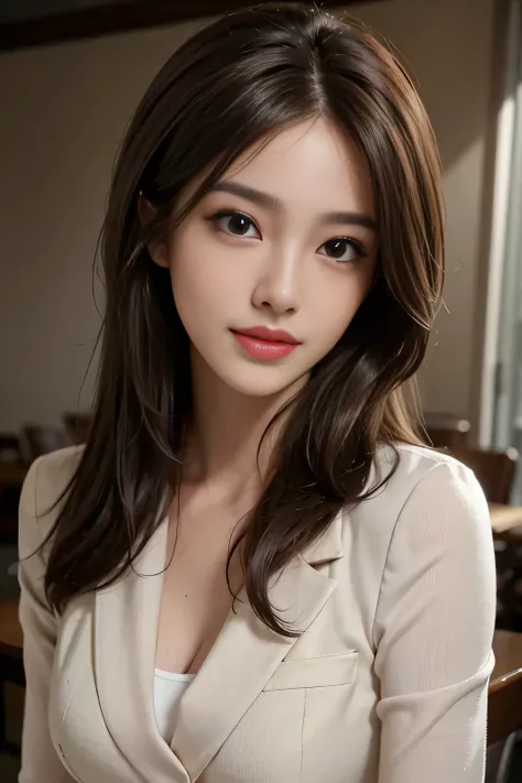 table top, highest quality, realistic, Super detailed, finely, High resolution, 8k wallpaper, 1 beautiful woman,, light brown messy hair, wearing a business suit, sharp focus, perfect dynamic composition, beautiful and detailed eyes, thin hair, Detailed re...