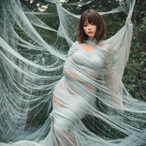 one girl tied up by another one with rope,(bright lighting,romantic setting),dreamy background,bondage,dark hair, mesmerizing ga...