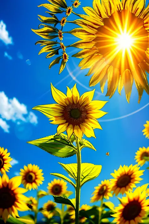 sunflower, Its messy, one stalk, a flower, floating, lots of pollen, Editorial photo, wide angle, soft focus, movie lighting, Explore the interplay between light and shadow, Low-contrast film, 4k