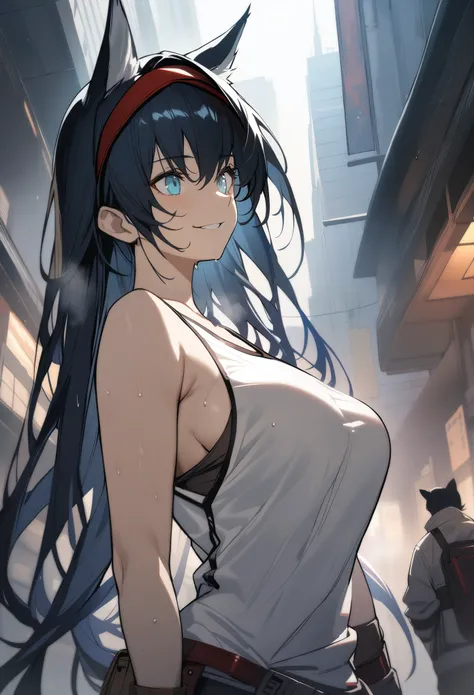 1girl, blaze(arknights), arknights, upper body, standing, cat ears, black hair, long hair, blue eyes, breasts, smile, white tank top, sweaty, city, cinematic angle, masterpiece, best quality