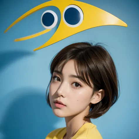 Girl with different eyes, yellow and blue, and short brown hair, a shy teenager  