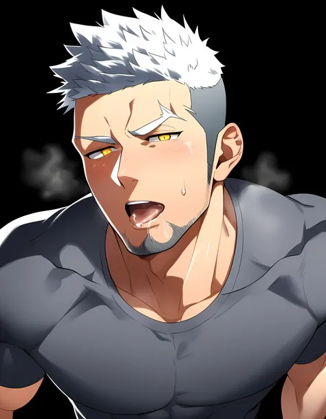 anime characters：Guy, Priapus, 1 young muscular man, male focus, Dark gray spandex tight T-shirt, white hair, muscular male, muscular, only, Upper body, alone, white short hair, stubble, yellow eyes, black background, simple background, amazing quality, be...