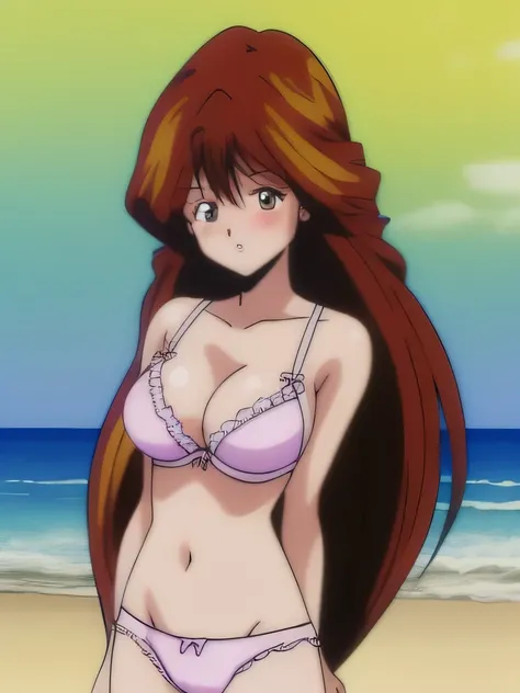 It is, 1 girl, alone, In underwear, long hair, slender body, belly button, brown eyes, white ruffle bra, expensiveleg, big breasts, brown hair, white panties,, looking at the viewer, blush, cowboy shot, redhead,  texpensive gap, camel toe, beach,
1990s (st...