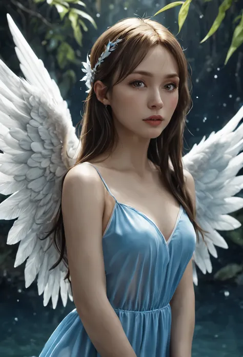 a woman in a blue dress with long and wide white angel wings, standing in water, surrounded by magic, beautiful 3d rendering of a fairy, realistic fantasy rendering, beautiful adult fairy, fairy beautiful fairy, daz studio Genesis iray ultra hd, daz studio...