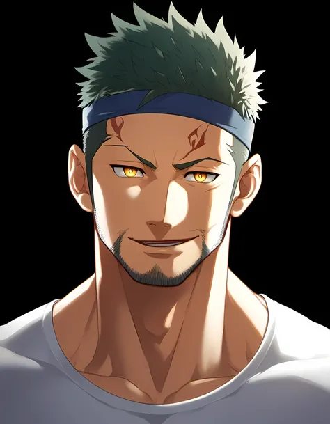 anime characters：Guy, Priapus, 1 young muscular man, male focus, Six pointed star tattoo on face, Sporty black headband, White spandex tight T-shirt, brown hair, muscular male, muscular, only, Upper body, alone, gray short hair, stubble, yellow eyes, black...