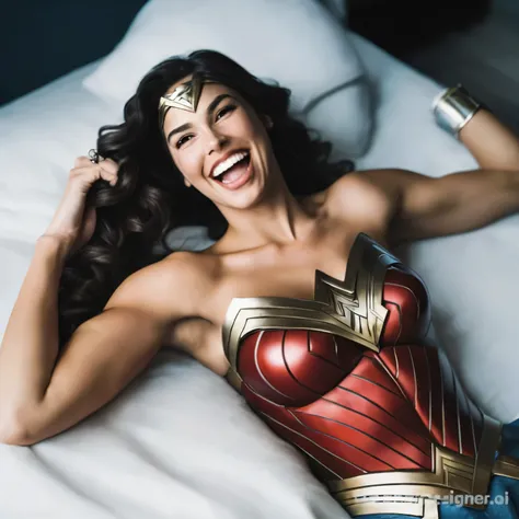 araffe woman in wonder costume laying on a bed with her arms crossed, portrait of wonder woman, dressed as wonder woman, gal gadot as hell lord, wonder woman, candid photo of gal gadot, gal gadot portrait, photo of the beauty gal gadot, sexy painting of ga...