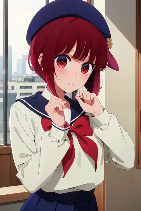 masterpiece, highest quality, ultra high resolution, highest quality, anime style, best writing, beautiful face, masterpiece, very detailed, (1 girl:1.2), redhead, white sailor suit, school uniform, long sleeve, (navy pleated skirt:1.2), (red beret:1.3), s...