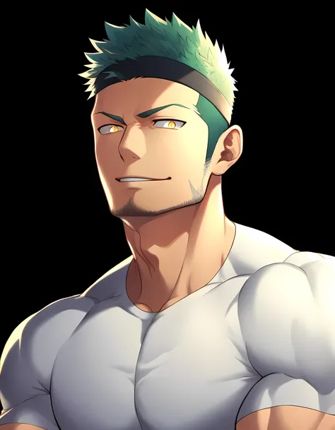 anime characters：Guy, Priapus, 1 young muscular man, male focus, Six pointed star tattoo on face, Sporty black headband, White spandex tight T-shirt, muscular male, muscular, only, Upper body, alone, short yellow hair, stubble, yellow eyes, black backgroun...