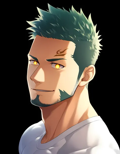 anime characters：Guy, Priapus, 1 young muscular man, male focus, Six pointed star tattoo on face, Sporty black headband, White spandex tight T-shirt, muscular male, muscular, only, Upper body, alone, short yellow hair, stubble, yellow eyes, black backgroun...