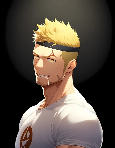 anime characters：Guy, Priapus, 1 young muscular man, male focus, Six pointed star tattoo on face, Sporty black headband, White spandex tight T-shirt, Milky white mucus at the corners of the mouth, muscular male, muscular, only, Upper body, alone, short yel...