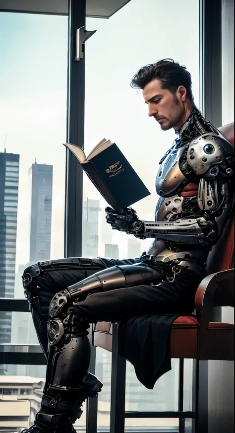 office in a skyscraper in a big city, a cyborg man sits in a luxurious chair and reads a book,  Heavy mens 
boots, high quality, Absurd, Masterpiece, Beautiful, complex parts, 1/2 body crops, slender body, Beautiful figure, Magnificent Anatomy, (complex pa...