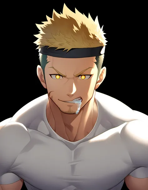 anime characters：Guy, Priapus, 1 young muscular man, male focus, Six pointed star tattoo on face, Sporty black headband, White spandex tight T-shirt, Milky white mucus at the corners of the mouth, muscular male, muscular, only, Upper body, alone, short yel...