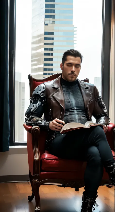 office in a skyscraper in a big city, a cyborg man sits in a luxurious chair and reads a book,  heavy mens 
boots, high quality,...