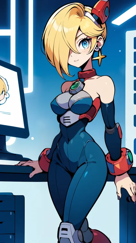 Alia_Megamanx, 1girl, sozinho, seios, olhos azuis, blonde hair, android, cabelos longos, robot ears, sentado na cadeira em frente ao computador, laboratory, master part, alta qualidade, peistos grandes e bunda