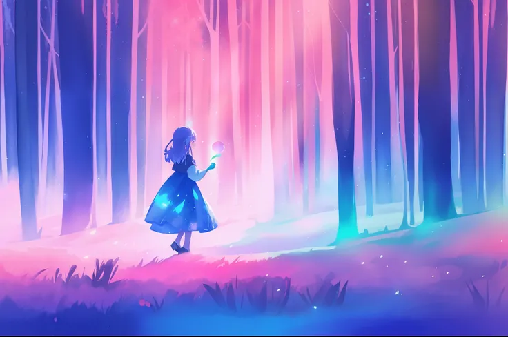 beautiful girl in a gradient blue dress walking through a magical forest, colorful fantasia forest landscape, magical, watercolor illustration, disney art style, glowing aura around her, glowing lights, beautiful digital illustration, fantasia otherworldly...