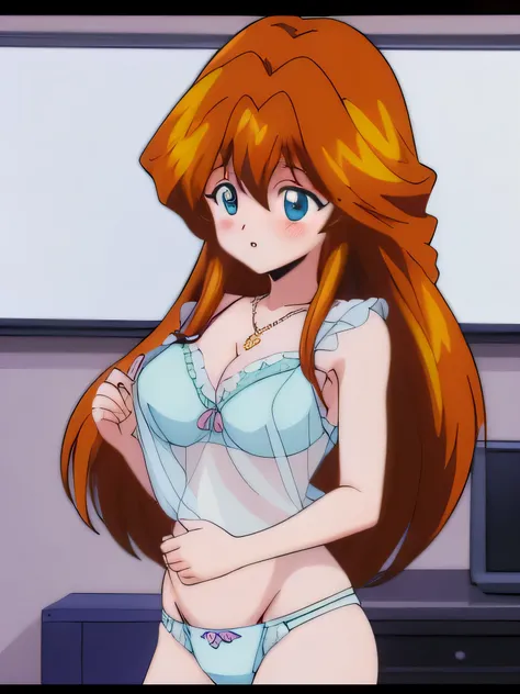 (It is), 1 girl, alone, underwear, panties, good, lingerie, long hair, blush, cowboy shot,  beautiful eyes, Huge_chest, See-through, orange hair, necklace, underwear only, , 1990s (style), (anime, anime_screen cap), (animeーション化された gif, mp4) ,video, animeーシ...