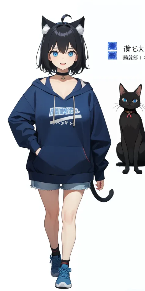 on lap,((((upright)))), ((((stand up)))), looking at the viewer, simple background、white background, 1 girl, open your mouth, smile, Virtual YouTuber、with a girl、((highest quality, expensive_solve, clear_image)),(black hair), (black cat ears), (Ahoge), (ri...