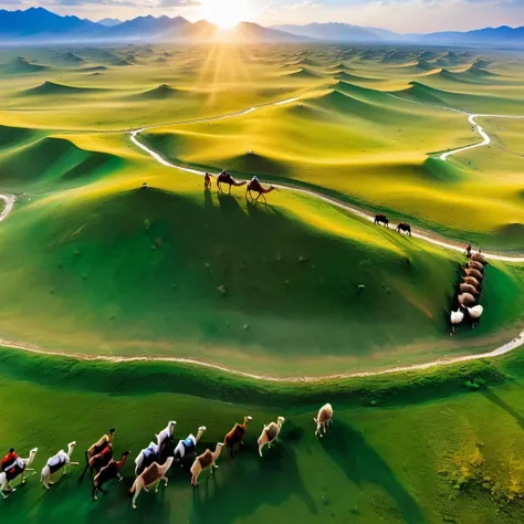 Aerial perspective，animal migration、Herds of camels and sheep、Vast grassland scenery、Mongolian herders、nation、Chinese medieval culture、ancient building、traditional clothing、阳光下的vitality、Uyghur grassland、Endless sheep and camels、Pastoral scenery、horse ridin...