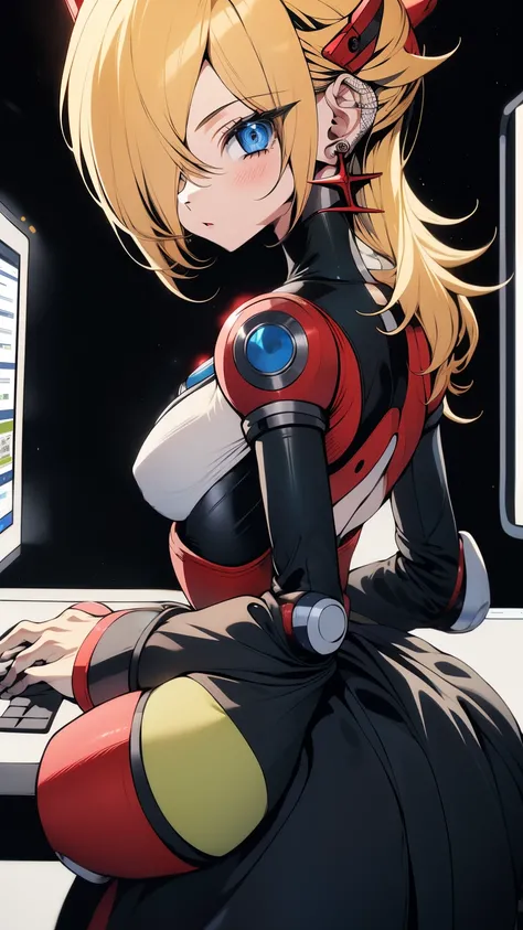 Alia_Megamanx, 1girl, sozinho, seios, olhos azuis, blonde hair, android, cabelos longos, robot ears, sentado na cadeira em frente ao computador, laboratory, master part, alta qualidade, peistos grandes e bunda