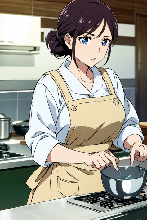 very beautiful woman, color, colorライズ、women are housewives、wearing an apron。The background is the kitchen。