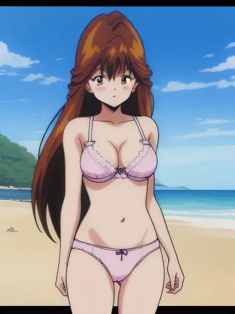 It is, 1 girl, alone, In underwear, long hair, slender body, belly button, brown eyes, white ruffle bra, expensiveleg, knees,big breasts, brown hair, white panties,, looking at the viewer, blush, cowboy shot, redhead,  texpensive gap, camel toe, beach,
199...