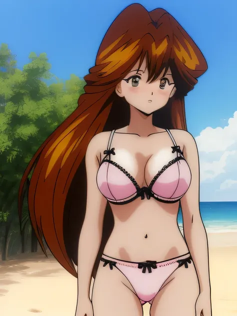 It is, 1 girl, alone, In underwear, long hair, slender body, belly button, brown eyes, white ruffle bra, expensiveleg, knees,big breasts, brown hair, white panties,, looking at the viewer, blush, cowboy shot, redhead,  texpensive gap, camel toe, beach,
199...
