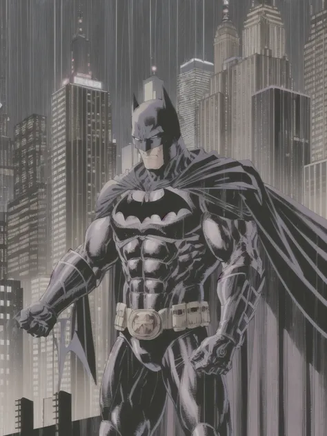 illustration, absurdres, masterpiece, 1boy, jim lee ,batman, standing, night, city, male focus,serious, on roof,cape,black armor, serious, cowboy shot, heavy downpour, floating cape