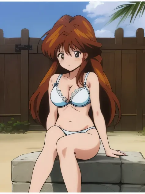 It is, 1 girl, alone, In underwear, long hair, slender body, belly button, brown eyes, white bra, expensiveleg, big breasts,knees, brown hair, 白いレースkneesパンティー,, looking at the viewer, blush, Are standing, redhead,  texpensive gap, camel toe, beach,
1990s (...