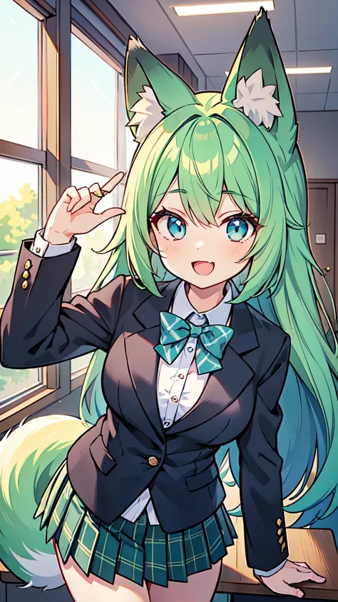 ((A Pretty High school girl with green hair and blue eyes)), ((wearing black blazer and plaid skirt)), ((fox ears and fox tail)), Baby face, ((master piece, top-quality, ultra-definition, high resolution)), anime girl, ((ultra-detailed illust:1.2)), only o...