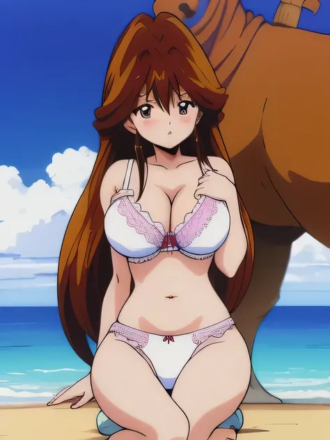 It is, 1 girl, alone, In underwear, long hair, slender body, belly button, brown eyes, white bra, expensiveleg, big breasts,knees, brown hair, 白いレースkneesパンティー,, looking at the viewer, blush, Are standing, redhead,  texpensive gap, camel toe, beach,
1990s (...