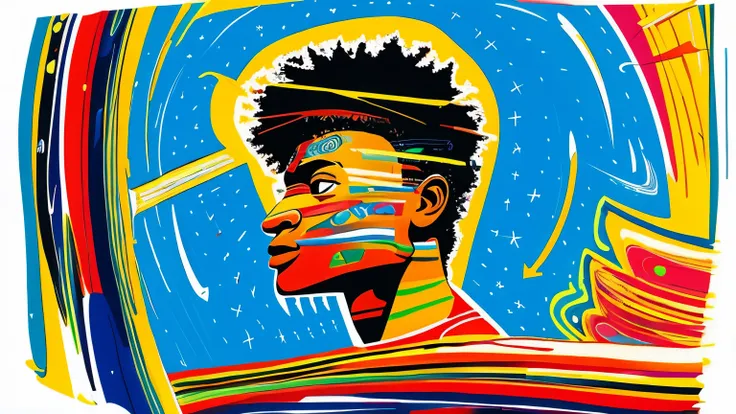 Create a piece of graphic art in the style of Jean-Michel Basquiat, depicting a delicate person discovering their inner self and living a vibrant life. Do not include any text in the image.