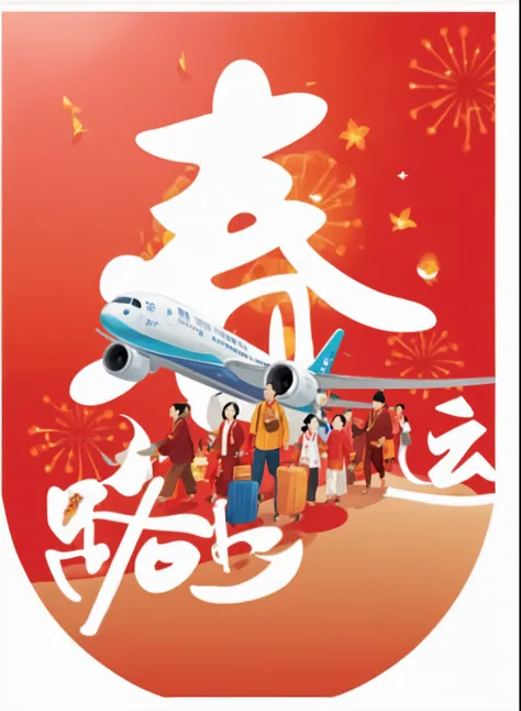 There was a plane flying over a group of people, Hungry Ghost Festival, Vibrant travel poster, grand!, Blue aircraft maintenance personnel，Celebrating Chinese New Year in Shanghai, happy!!!, Chiba Yudai, illustration!, 8 hours, 2 0 1 9, 2019, Beijing, auth...